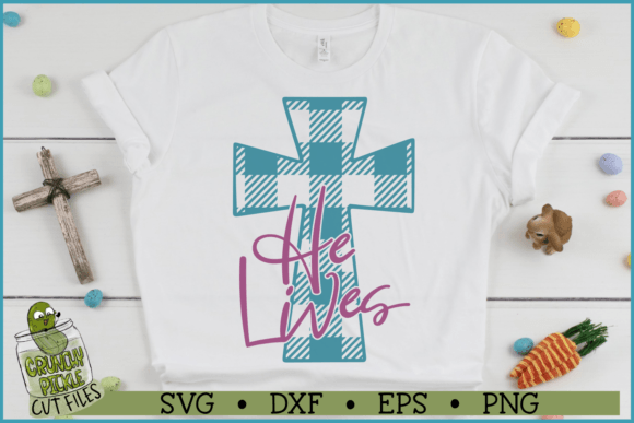 He Lives Plaid Cross: Easter Graphics for Crafts